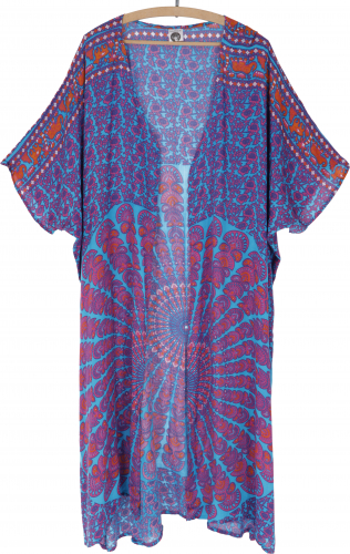 Light summer kimono, cape, beach dress with mandala pattern - turquoise/pink/rust
