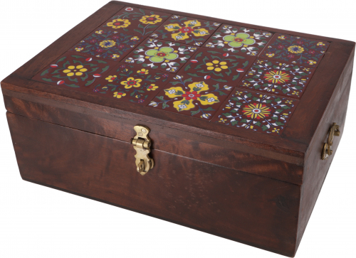 Rustic small treasure chest, wooden box, jewelry box with embedded tiles - model 2 - 14x35x25 cm 