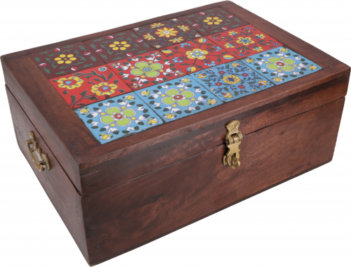 Rustic small treasure chest, wooden box, jewelry box with embedded tiles - model 1 - 14x35x25 cm 