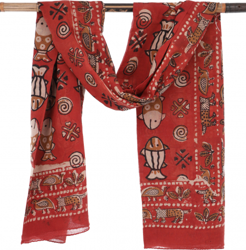 Lightweight pareo, sarong, hand-printed cotton scarf - red combination 18 - 190x120 cm