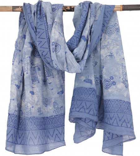 Lightweight pareo, sarong, hand-printed cotton scarf - blue combination 16 - 160x100 cm