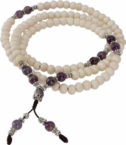 Tibetan mala made of horn beads, Buddhist prayer necklace, meditation necklace, yoga necklace - Budhha/Amethyst - 85 cm 0,8 cm