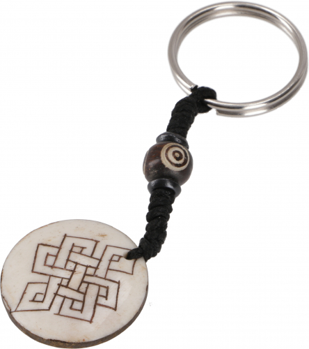 Ethno Tibet Schlüsselanhänger, Gravierter Taschenanhänger - Endlosknoten/weiß - 10 cm Ø3 cm
