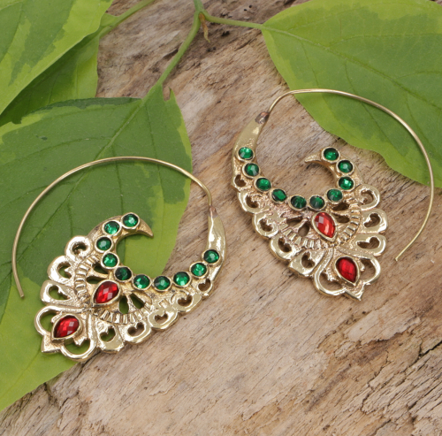 Dangle earrings made of brass and beads, tribal spiral earrings - gold/green/red - 5x3x0,1 cm 