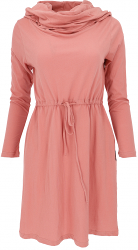Organic cotton mini dress with shawl hood and long sleeves, basic organic dress - apricot