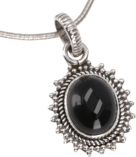 Oval, decorated boho silver pendant, Indian chain pendant made of silver - onyx - 2x1,5 cm