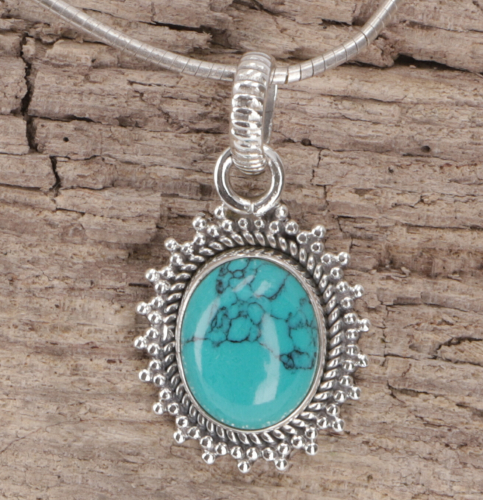Oval, decorated boho silver pendant, Indian chain pendant made of silver - turquoise - 2x1,7 cm