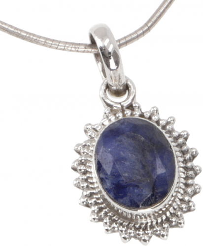 Oval, decorated boho silver pendant, Indian chain pendant made of silver - sapphire - 2x1,5 cm
