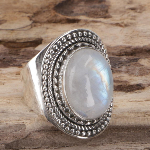 Boho silver ring, large floral silver ring - moonstone - 1,5 cm