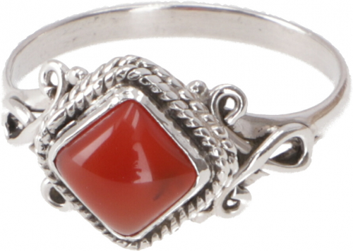 Boho silver ring, filigree gemstone ring with rectangular stone - carnelian - 1x1 cm