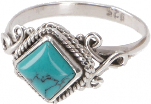 Boho silver ring, filigree gemstone ring with rectangular stone - turquoise - 1x1 cm