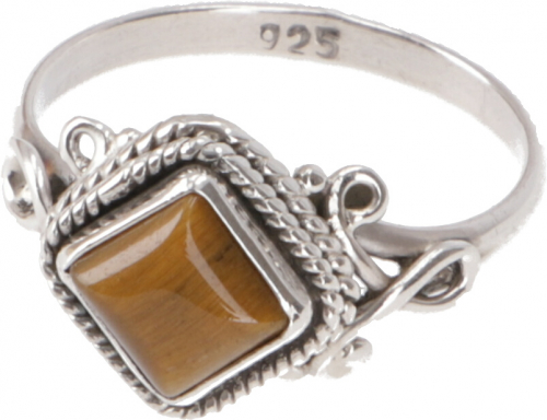 Boho silver ring, filigree gemstone ring with rectangular stone - tiger`s eye - 1x1 cm