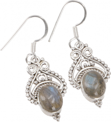 Indian silver earrings, ethno earrings, boho ornament earrings - labradorite - 2,5x0,8 cm
