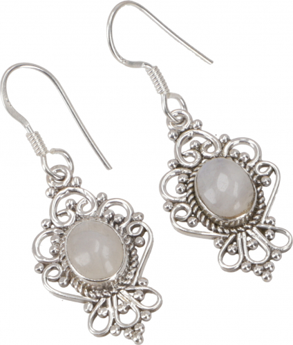 Indian silver earrings, filigree ethno earrings, boho ornament earrings - moonstone - 4 cm