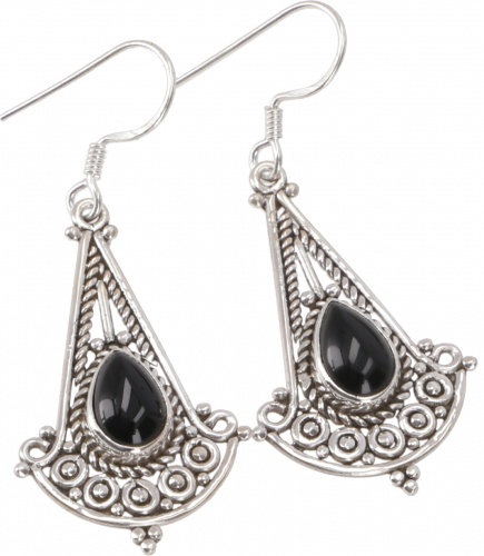 Indian silver earrings, filigree ethno earrings, boho ornament earrings - onyx - 3,5x1,5 cm