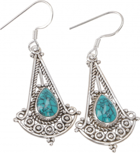 Indian silver earrings, filigree ethno earrings, boho ornament earrings - turquoise 4 cm
