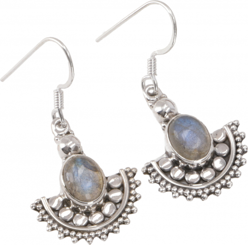 Indian silver earrings, filigree ethno earrings, boho ornament earrings - labradorite - 3,5x1 cm