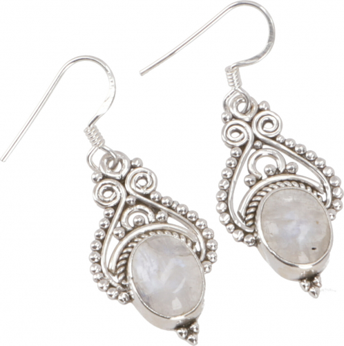 Indian silver earrings, ethno earrings, boho ornament earrings - moonstone - 2,5x0,8 cm