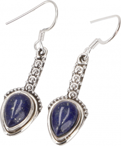 Ornate boho silver earrings, Indian gemstone earrings - lapis lazulite - 3x1 cm
