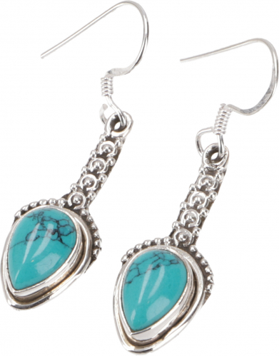 Ornate boho silver earrings, Indian gemstone earrings - turquoise - 3x1 cm