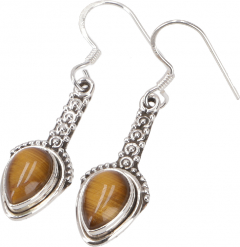 Ornate boho silver earrings, Indian gemstone earrings - tiger`s eye - 3x1 cm