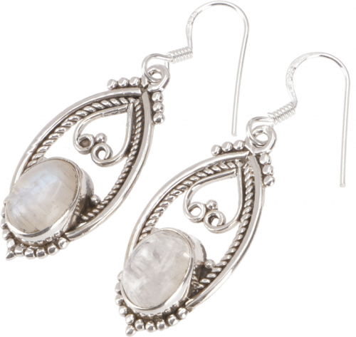 Ornate silver earring, boho earring - moonstone - 3x1,5 cm