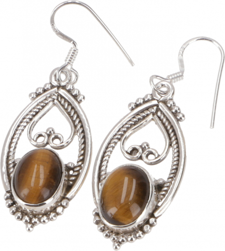 Ornate silver earring, boho earring - tiger`s eye - 3x1,5 cm