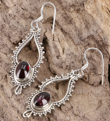 Boho silver earrings, earrings - garnet - 4x1,5 cm