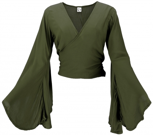 Short top, boho blouse top with trumpet sleeves, wrap top, wrap blouse - olive green