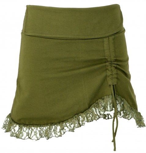 Boho mini skirt with lace, super short pixi skirt, festival skirt to gather - olive