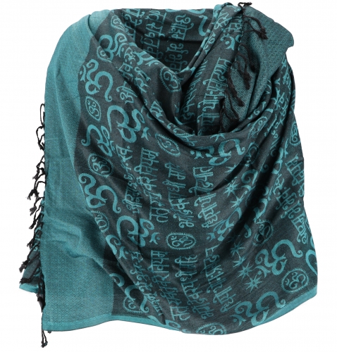Pashmina viscose scarf/stole with OM pattern - petrol - 180x70 cm
