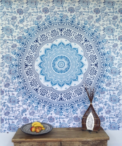 Boho-Style Wandbehang, indische Tagesdecke Mandala Druck - blau/trkis/wei - 210x220x0,2 cm 