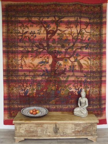 Boho-Style Wandbehang, indische Tagesdecke Lebensbaum / Tree of life - rot - 250x210x0,2 cm 