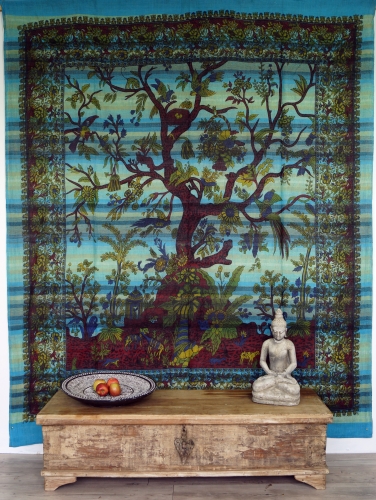 Boho-Style Wandbehang, indische Tagesdecke Lebensbaum / Tree of life - trkis - 250x210x0,2 cm 