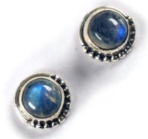 Indian silver stud earrings, round boho stud earrings with ornament - labradorite 0,8 cm