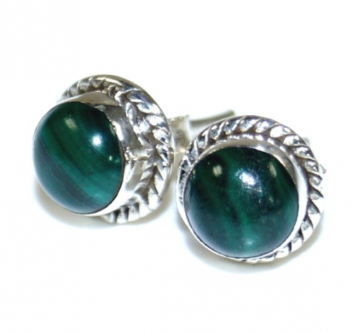 Indian silver stud earrings, round boho stud earrings with embellishment - malachite