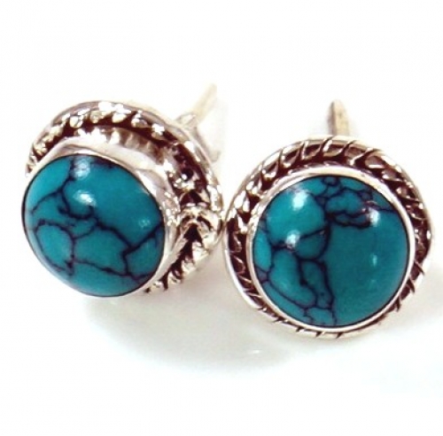 Indian silver stud earrings, round boho stud earrings with decoration - turquoise 0,7 cm