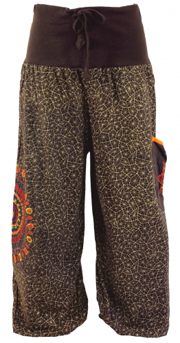 Wide harem pants with wide waistband and mandala embroidery - chocolate brown