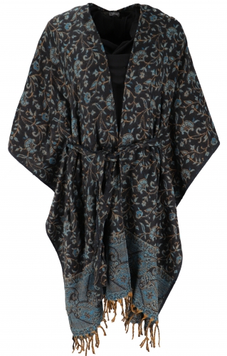 Flauschiger Kimono Mantel, Kimonokleid, Kaftan, Poncho - blau/schwarz