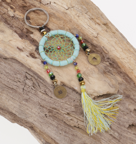 Key ring, bag pendant dream catcher - turquoise/yellow