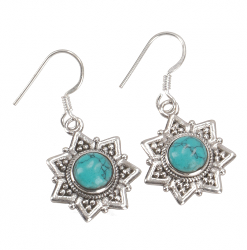 Boho silver earrings, ethno sun earrings, ethno earrings - turquoise - 2,5 cm 1,8 cm
