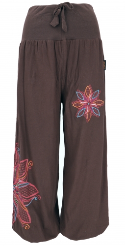 Wide harem pants with wide waistband and floral embroidery - dark brown