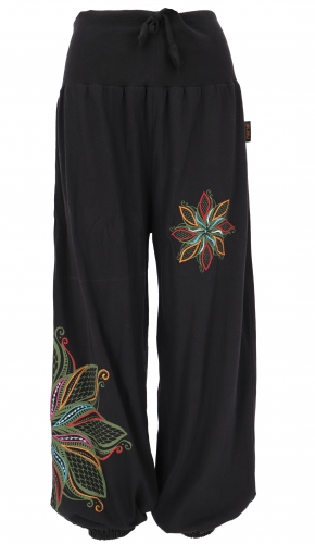 Wide harem pants with wide waistband and floral embroidery - black