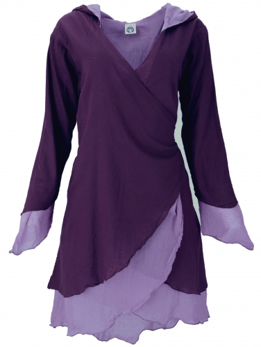 Wrap tunic with pointed hood, tunic in layered look - plum/lilac