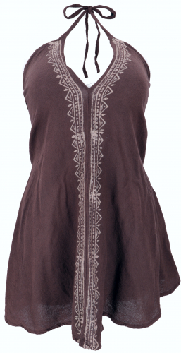 Boho mini dress, halterneck dress, long top - brown