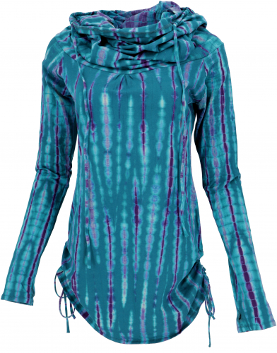 Long shirt, mini dress with wide shawl hood - turquoise blue/batik