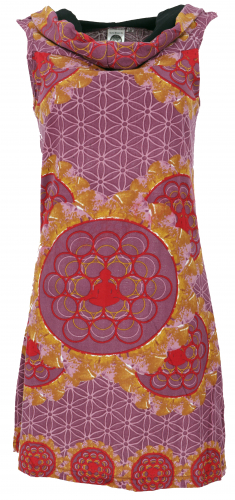 Kapuzen Buddha Mandala Minikleid, Goa Festivalkleid - violett/sienna