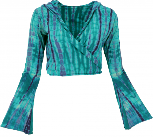 Wrap top, yoga top, long-sleeved shirt with trumpet sleeves - batik/turquoise