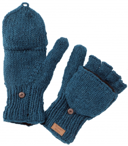 Gloves, hand-knitted folding gloves, finger gloves uni, extra large - petrol