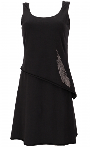 Layered organic cotton mini dress, sleeveless boho dress with feather print - black